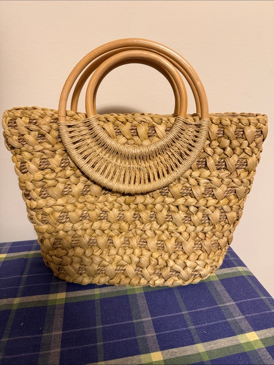 Handbags - Natural Woven Cornhusk straw Tote Bag with Round Handles